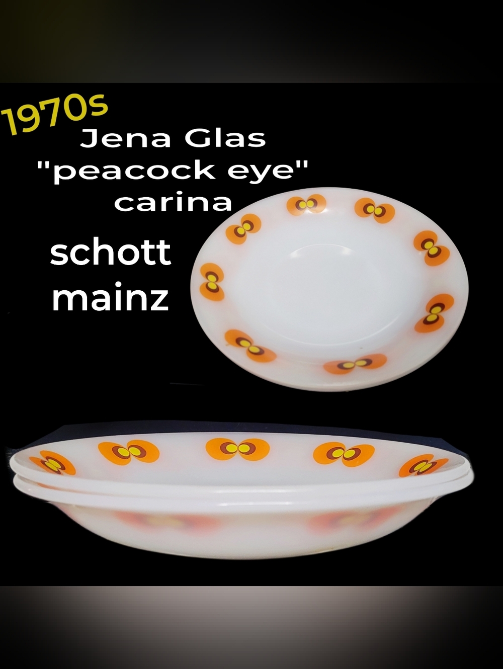 1970s Jena Glas 2 Carina 'Peacock Eye' Milk Glass Shallow Bowls Schott Mainz